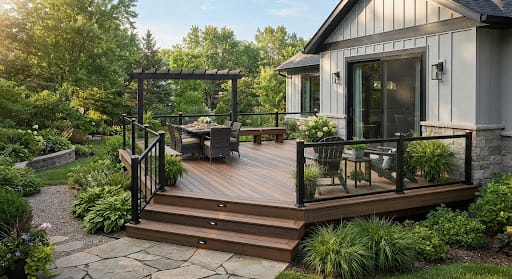 Modern multi-level wooden deck built by Skip's Modern Carpentry