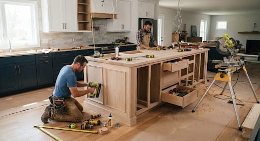 Custom oak kitchen island with quartz countertop