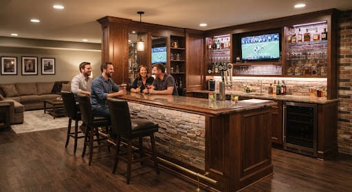 Finished basement with custom wet bar